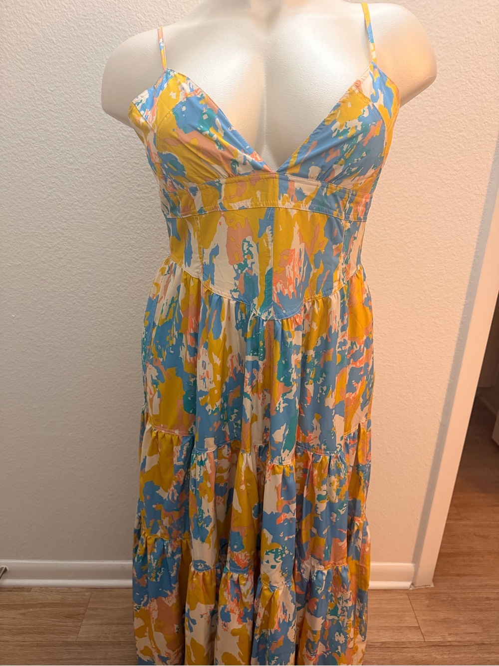 Sunny Abstract Print Spaghetti-Strap Maxi Dress - Yellow & Blue